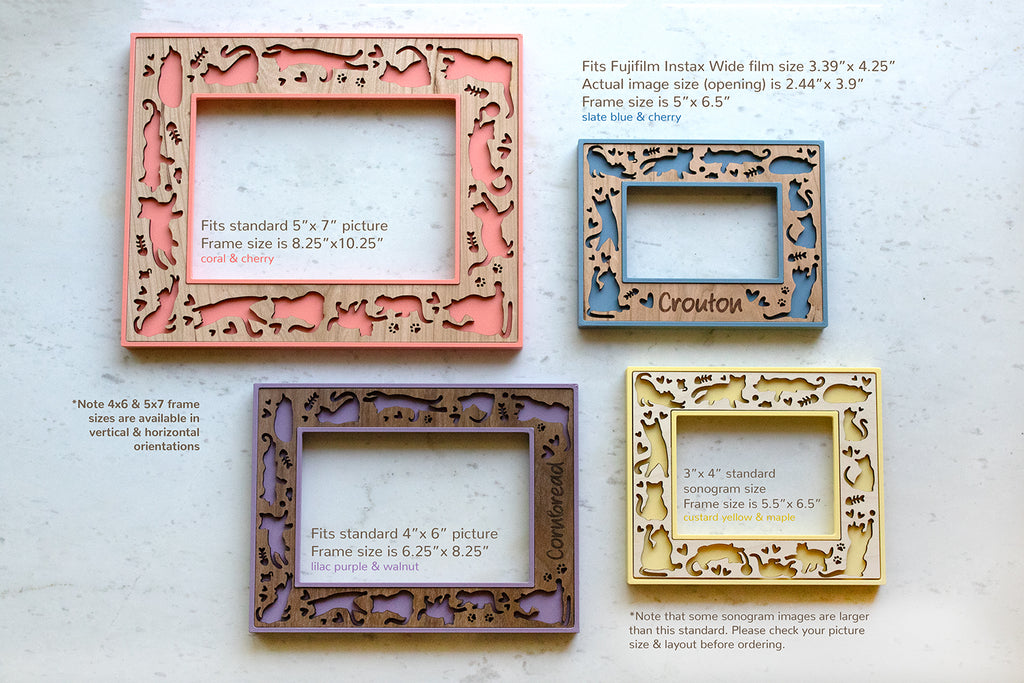 Four laser cut picture frames showing available sizes, including: 4x6 picture frame, 5x7 picture frame, Instax Wide picture frame, and 3x4 sonogram / ultrasound picture frame. Dimensions are pictured next to the frames.