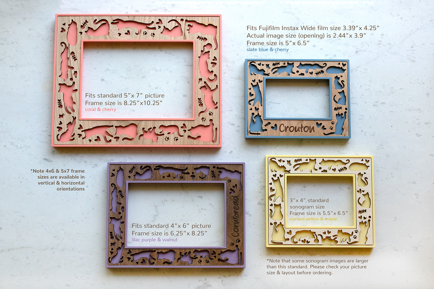 Four laser cut picture frames showing available sizes, including: 4x6 picture frame, 5x7 picture frame, Instax Wide picture frame, and 3x4 sonogram / ultrasound picture frame. Dimensions are pictured next to the frames.
