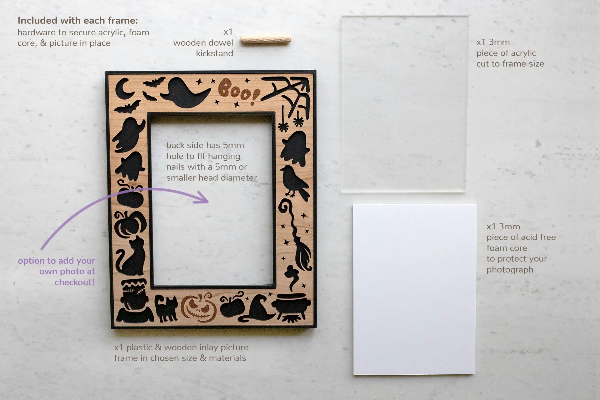 5x7 Halloween picture frame in black with cherry wood inlay. The frame includes a colored lightweight, plastic housing and laser cut wooden inlay. Also included is acid free foam core and high quality frame grade acrylic cut to size to protect your photograph year after year.