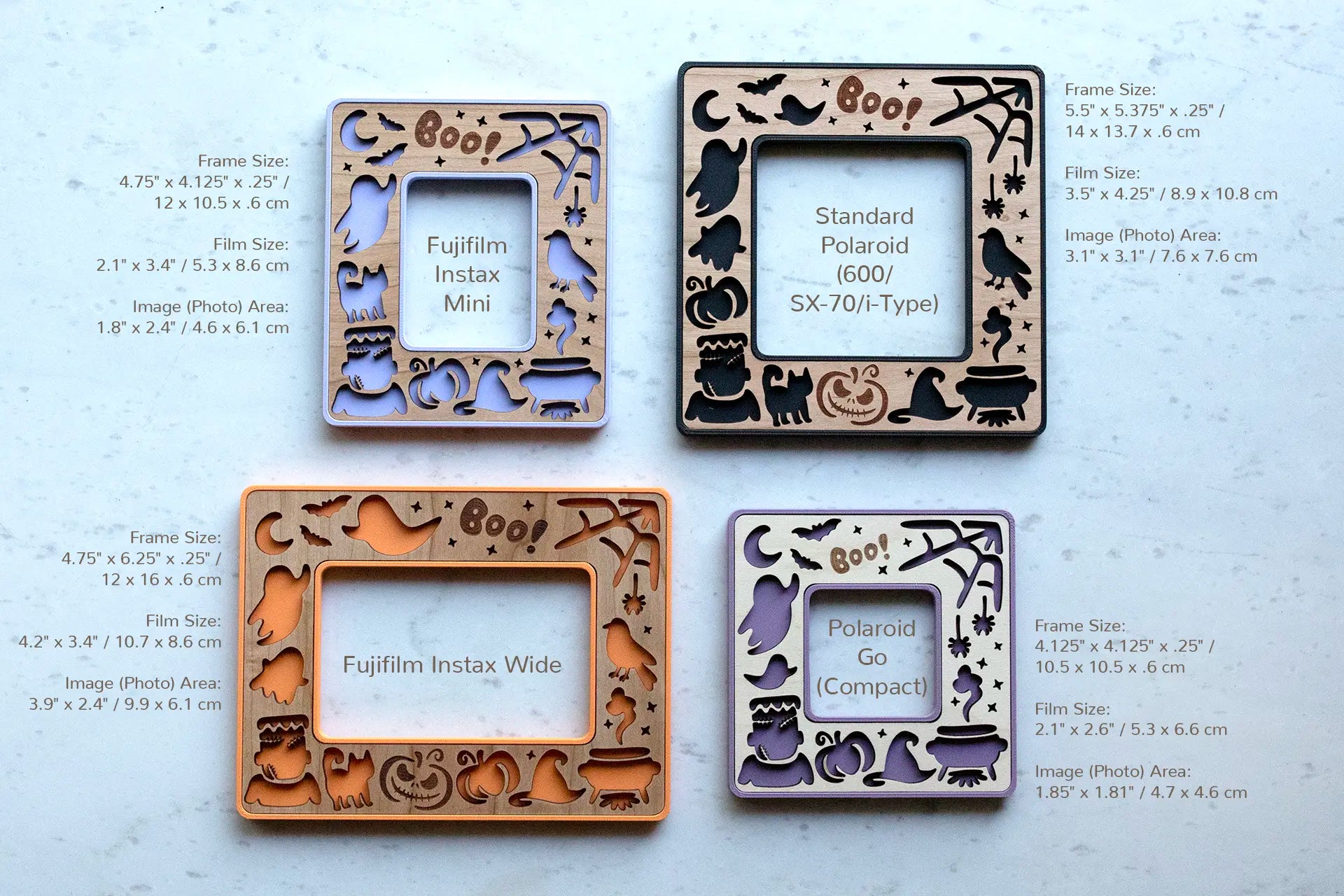 Cute Halloween picture frames with magnets for Halloween fridge decor. Frames feature laser engraved "Boo! and laser cut pumpkins, ghosts, black cats, and other popular Halloween decor.