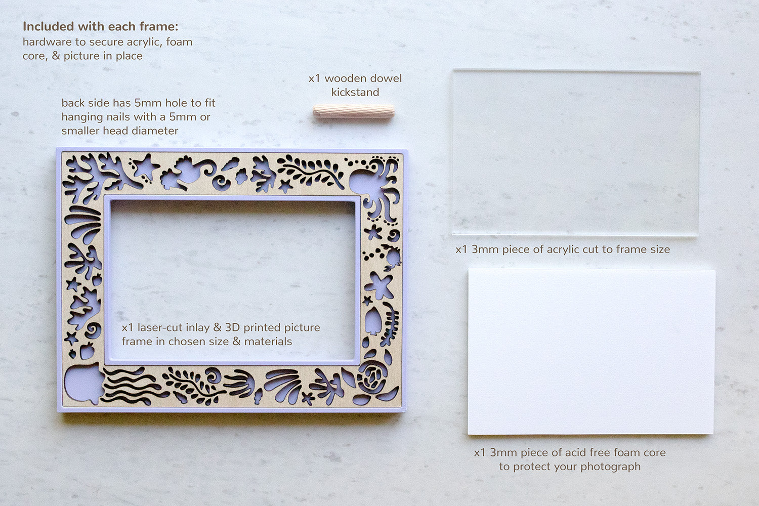 Ocean creatures themed picture frame with laser-cut nautical creatures, including an octopus, starfish, jellyfish, and sea coral. This custom picture frame includes high quality frame-grade acrylic and acid free foam core to protect your photo. A wooden kickstand can be installed for tabletop use, and turn-key hardware holds everything in place.