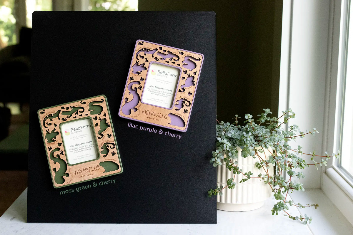 Two magnetic Appalachian amphibians frames in moss green and lilac purple with cherry wood inlay, laser-cut salamander, frog, and toad cutouts with engraved species names, and “Asheville, North Carolina” engraving, displayed on a black magnetic board.