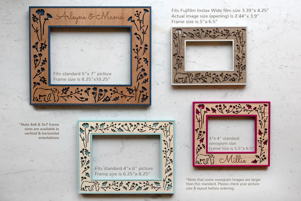 Front view of four available frame sizes showing dimensions with mama and baby bear woodlands laser cut design. Frame sizes include standard 5"x7" and 4"x6" photo frames as well as special 3"x4" standard ultrasound / sonogram and Fujifilm Instax Wide film sizes. Sizes apply to all frame designs available at BellaForm Creative.
