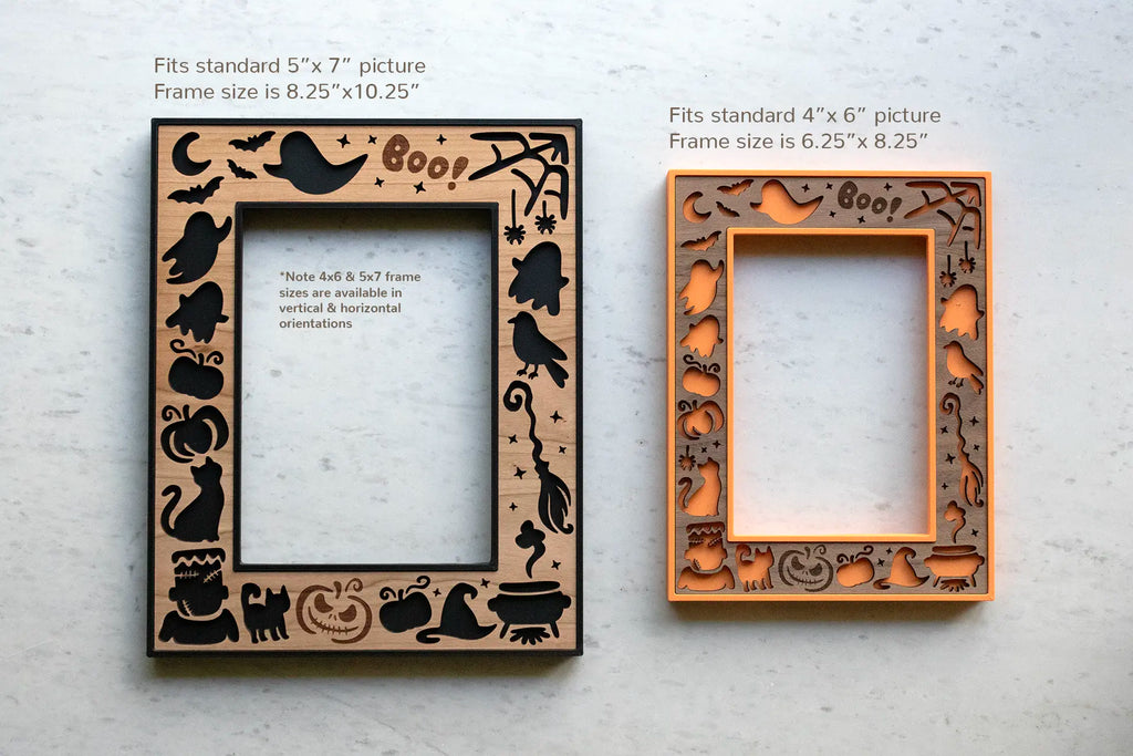 Personalized Halloween picture frames available in 5x7 frame and 4x6 frame. Pictured black picture frame with cherry inlay and orange picture frame with walnut inlay.
