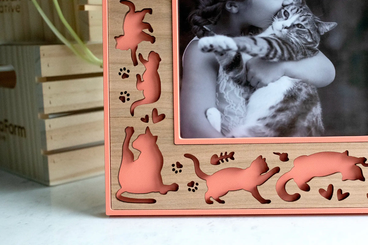 Close-up of a coral and cherry cat picture frame showing laser-cut cat silhouettes, paw prints, fish bones, and hearts in the wood border over the coral 3D-printed backing, with a black-and-white photo of a girl hugging her tabby cat.