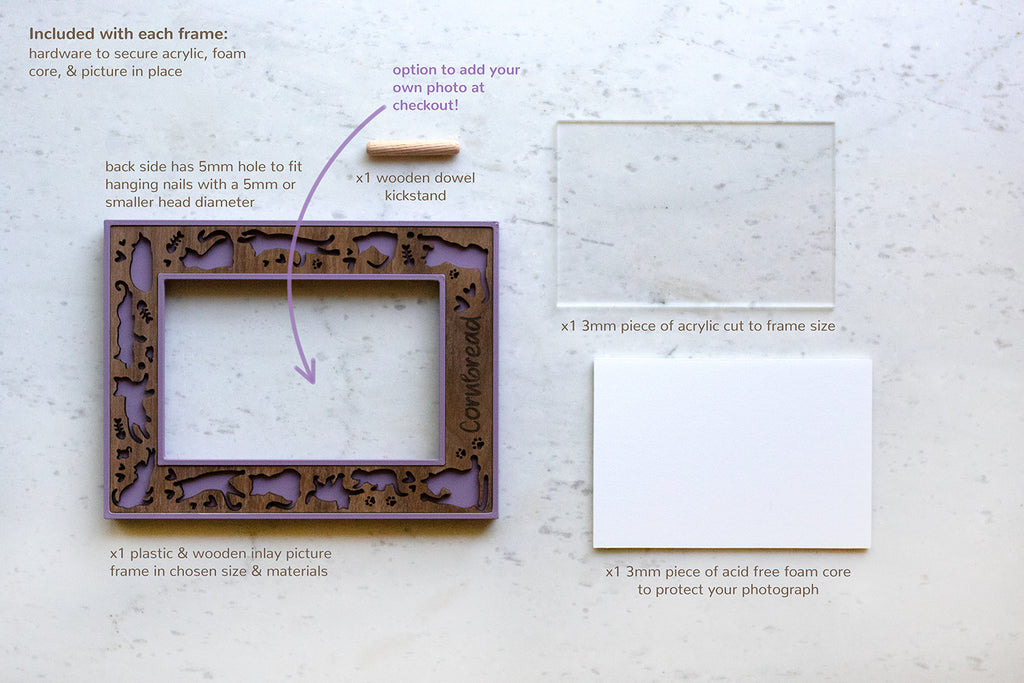 A 4x6 picture frame showing included materials that come with every frame, including: a custom cut piece of acrylic, acid free foam core to protect your photograph, a wooden dowel to support the frame on tabletop, and hardware to secure the photo and materials in place.
