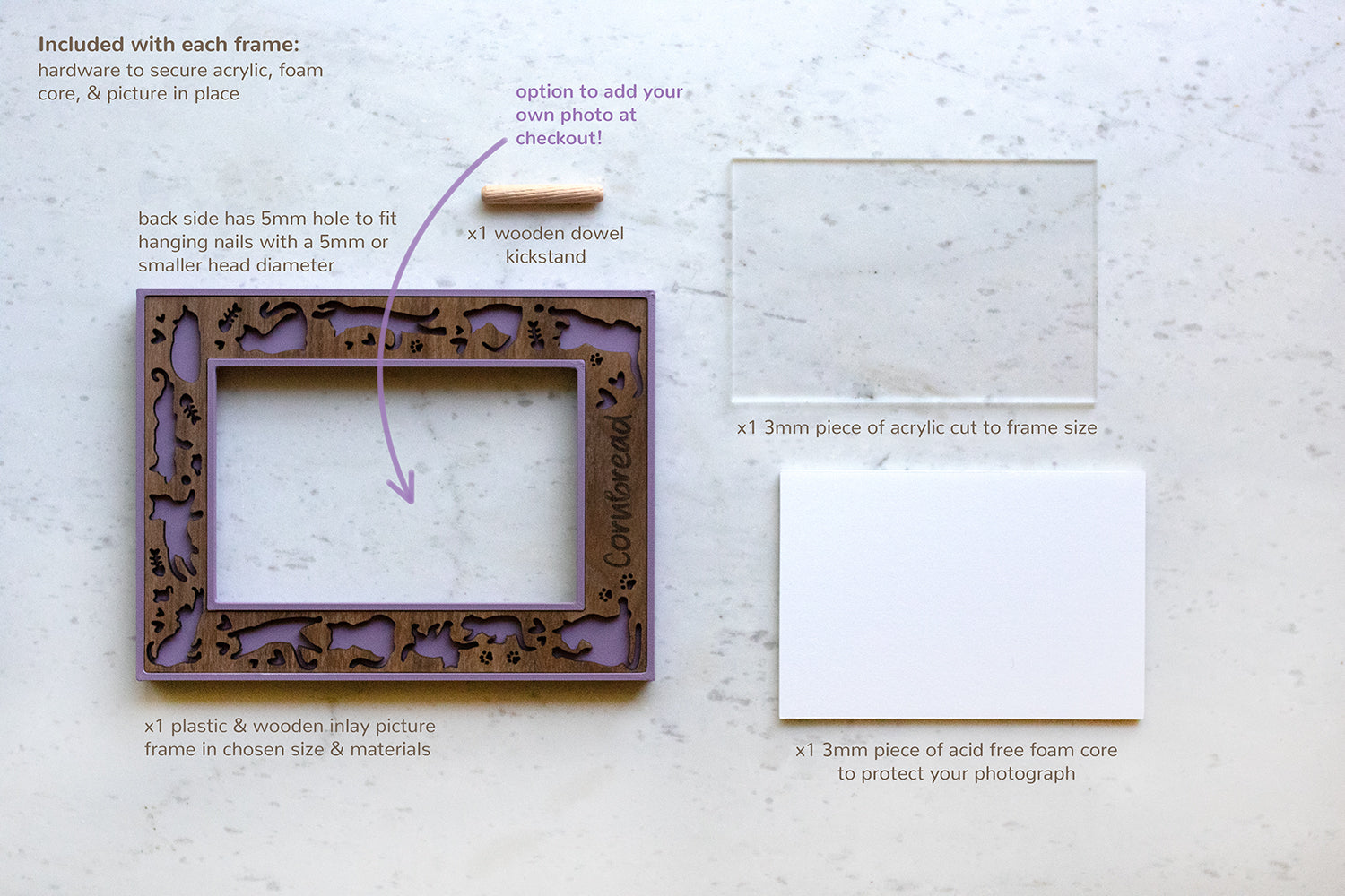 A 4x6 picture frame showing included materials that come with every frame, including: a custom cut piece of acrylic, acid free foam core to protect your photograph, a wooden dowel to support the frame on tabletop, and hardware to secure the photo and materials in place.