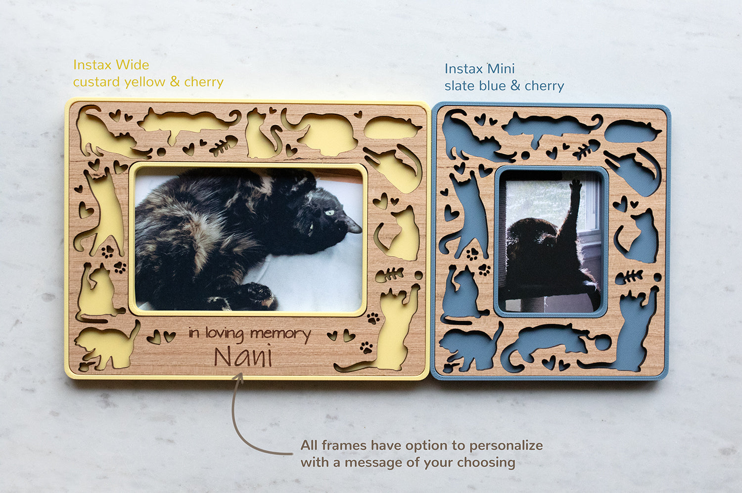 Two cute mini magnetic cat frames in instax wide and instax mini. The frames featured are blue and yellow with cherry wooden inlays. There is a note that reads "all frames have option to personalize with a message of your choosing." These personalized frame make a great cat lover gift.