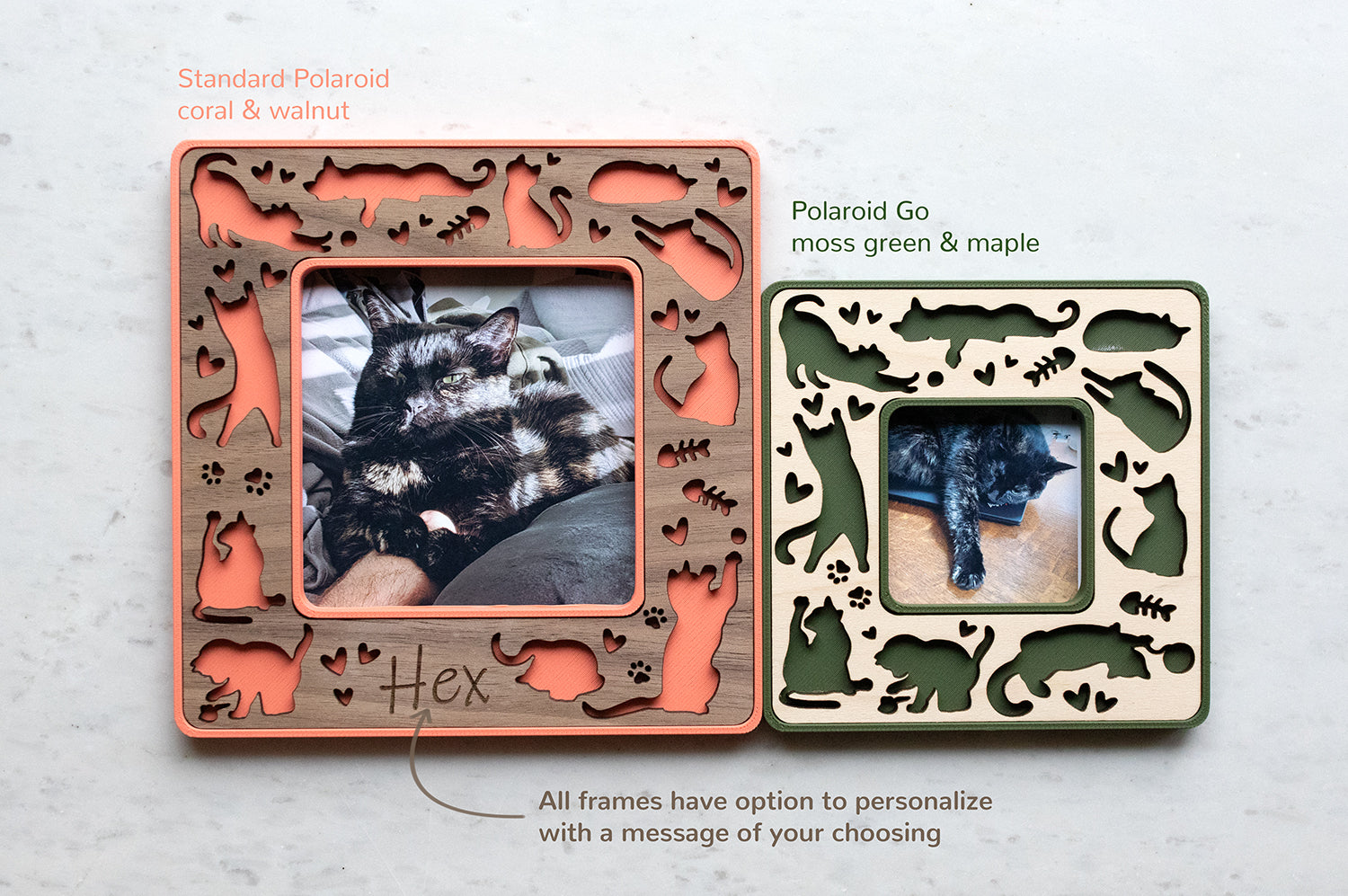 Two cute magnetic Polaroid frames with laser cut cat designs. These magnetic frames are bright coral and dark green with walnut and maple wooden inlays. There is a note that treads "all frames have option to personalize with a message of your choosing." One of the frames is engraved with the cat name "Hex." Perfect for a personalized cat gift.