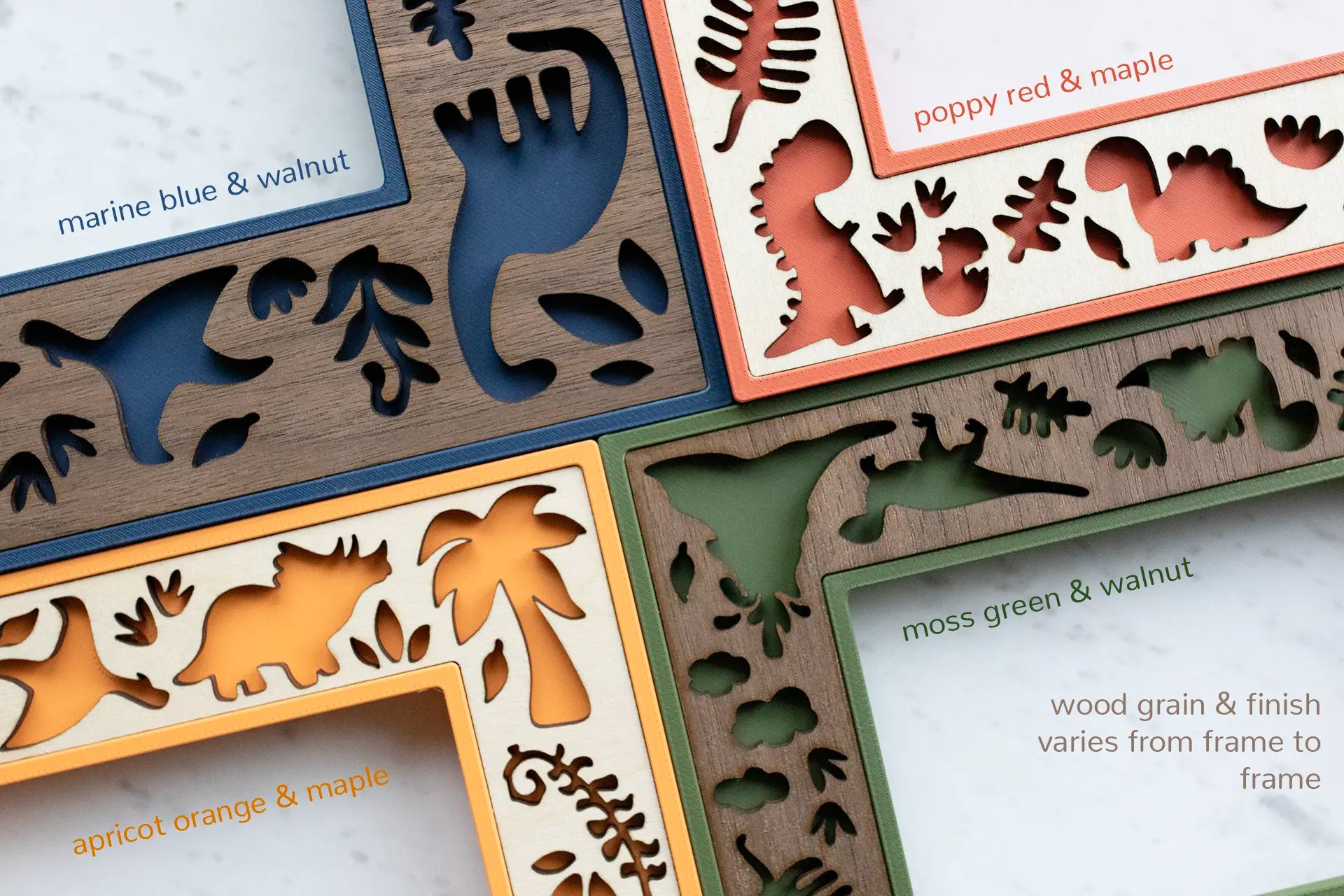 A collection of dinosaur keepsake picture frames for kids rooms. Available in various sizes and colors, each featuring a cute dinosaur theme. The frames include engraved text that reads "RAWR YOU DAD" and "DADDYSAURUS REX". Frame sizes include 5x7, 4x6, 3x4 Sonogram, and Instax Wide.