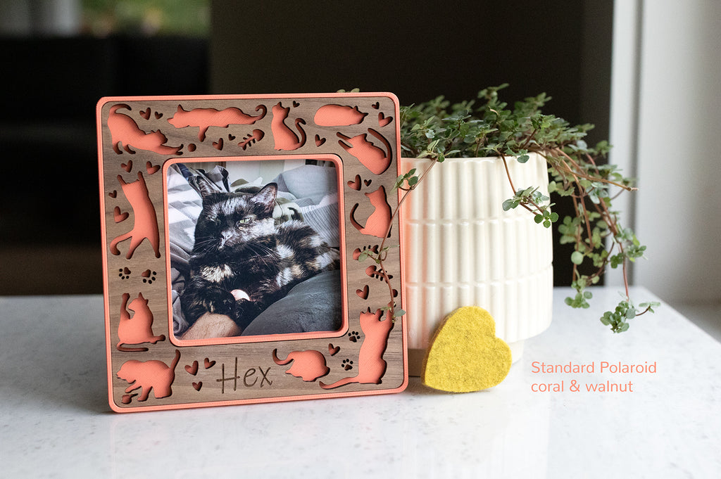 Standard polaroid magnetic cat frame for cat lovers and cat loss gifts. The frame is a bright coral orange-pink color with a walnut wood laser cut inlay. It is propped up next to a white planter and a small yellow felt heart.