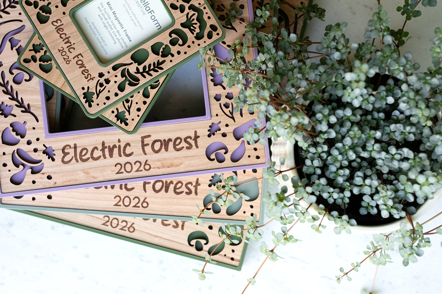 Custom mushroom picture frames with the message "Electric Forest 2026" engraved on the bottom of the frames. The frames have a delicate, natural aesthetic. The frames are various shades of green and purple with a cherry wood inlay. There is greenery in a planter next to the frames.
