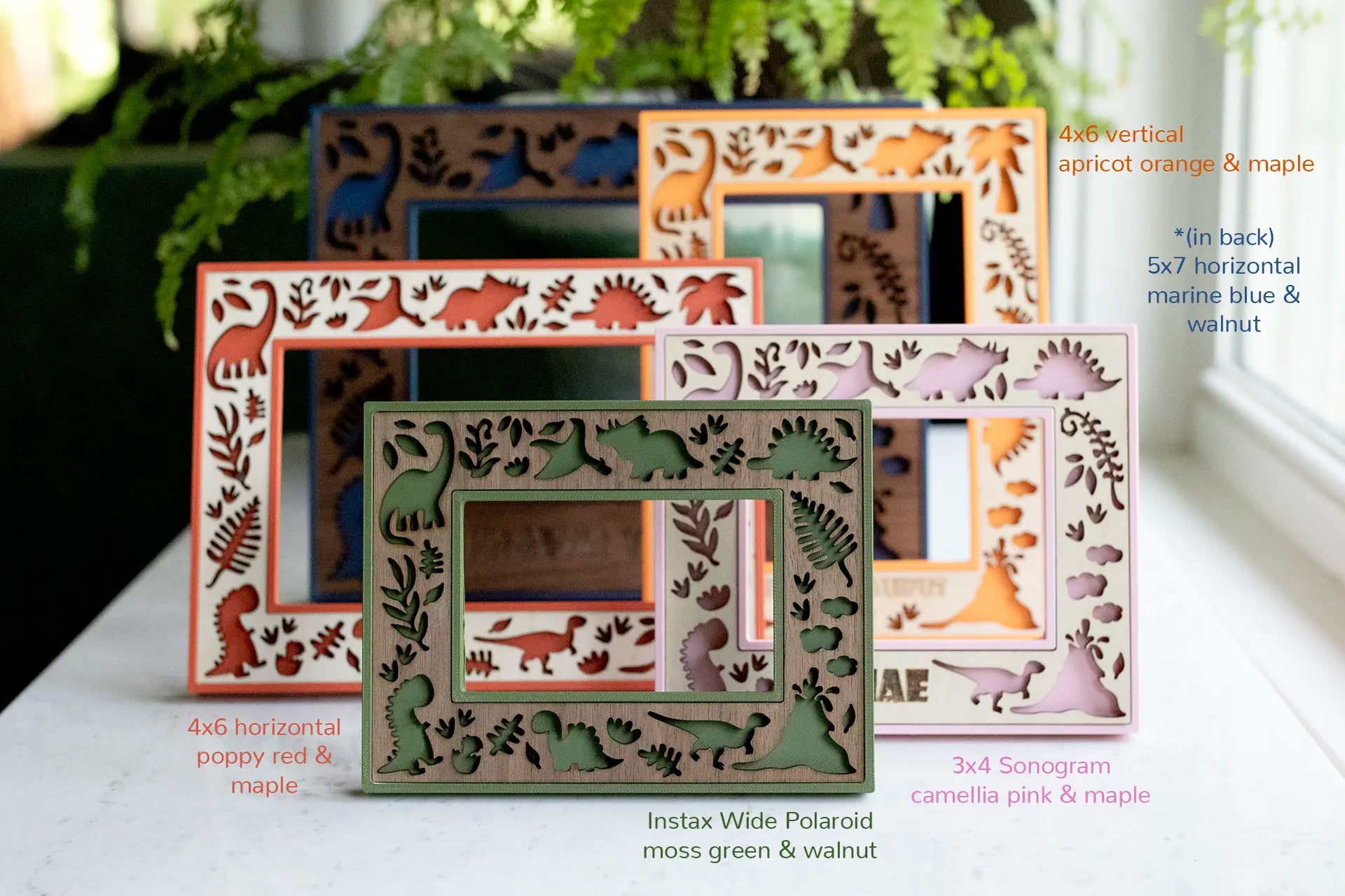 A collection of wooden picture frames for kids rooms with dinosaur laser-cut features in various colors, including orange, red, blue, green, and pink. The frames come in different sizes: 4x6, 5x7, 3x4, and Instax Wide sizes. Featuring prehistoric botanical and dinosaur designs.