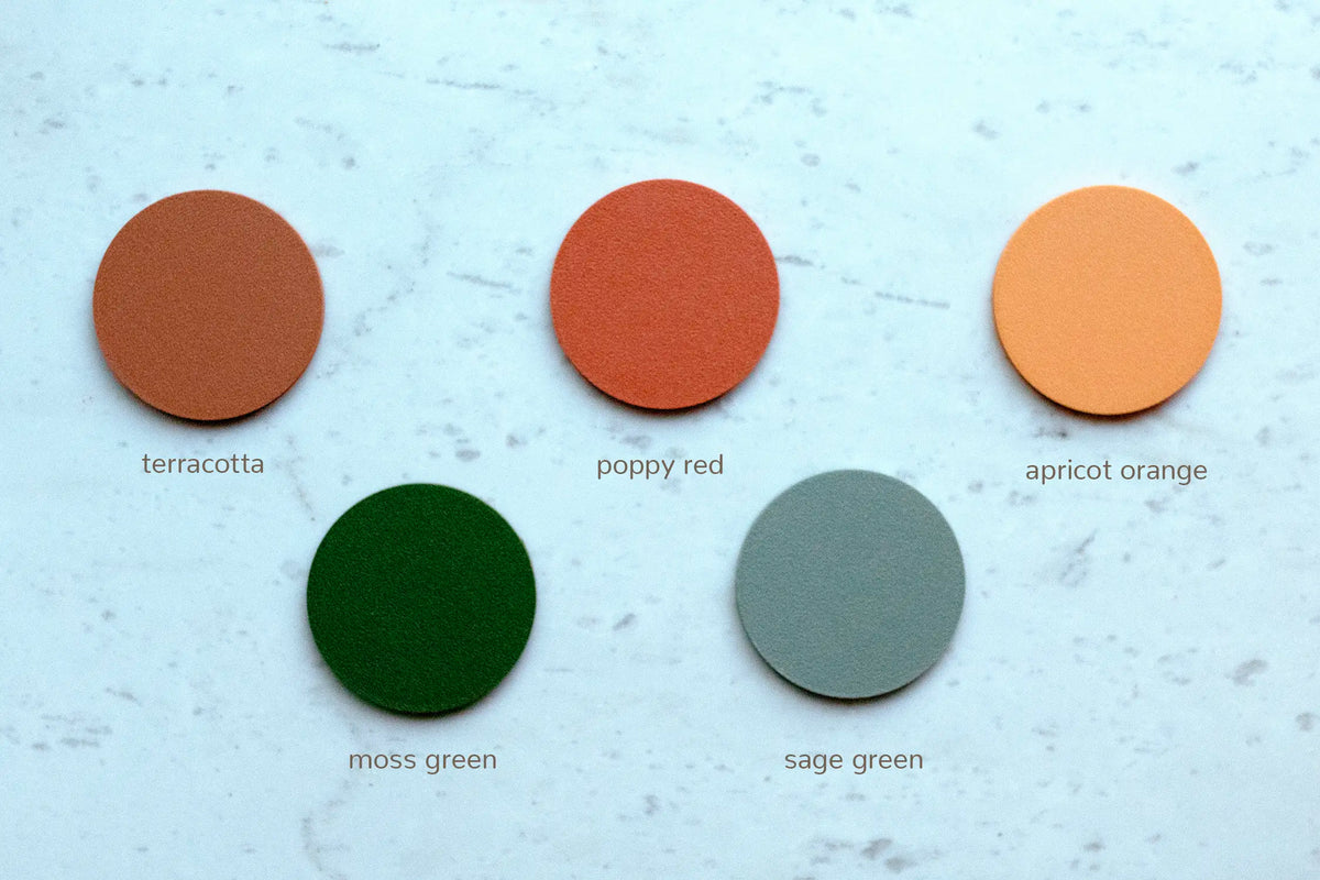 Five color options for fall leaves picture frame, including: terracotta, poppy red, apricot orange, moss green, and sage green.