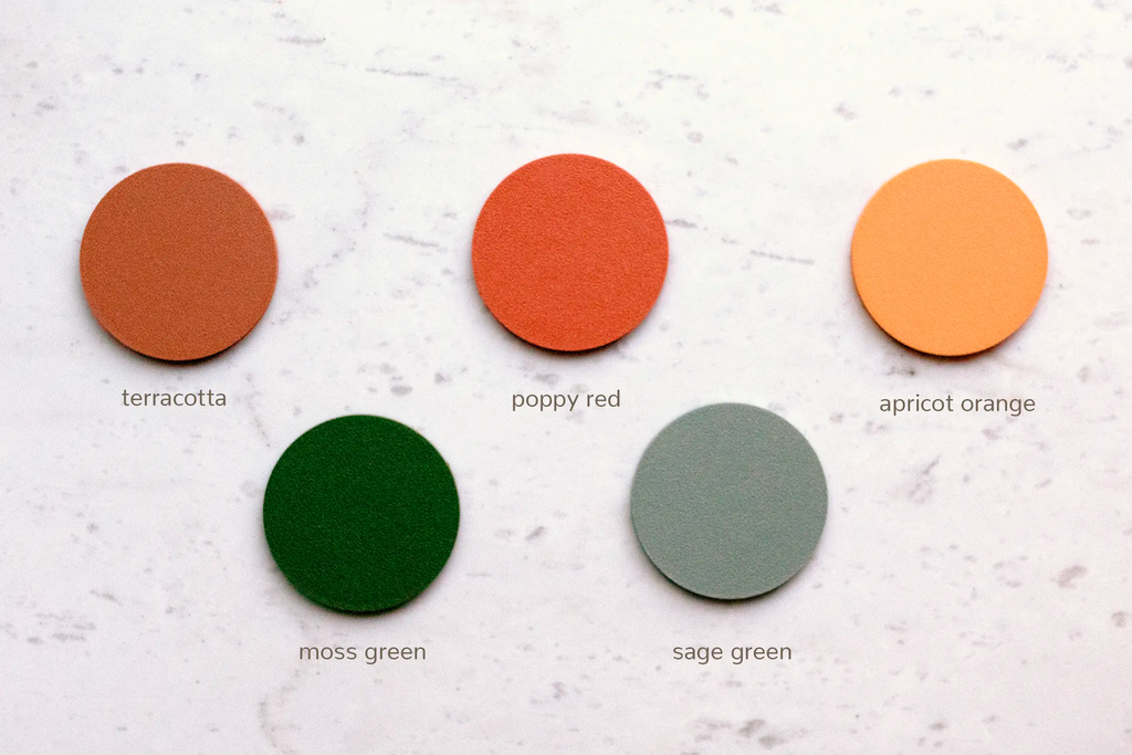 Five color options for fall leaves picture frame, including: terracotta, poppy red, apricot orange, moss green, and sage green.