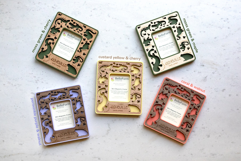 A cute salamander picture frame that makes the perfect Appalachian wildlife gift. Includes laser cut designs of the hellbender and other common frogs and salamanders of the Appalachian region, for a small amphibian lover gift.