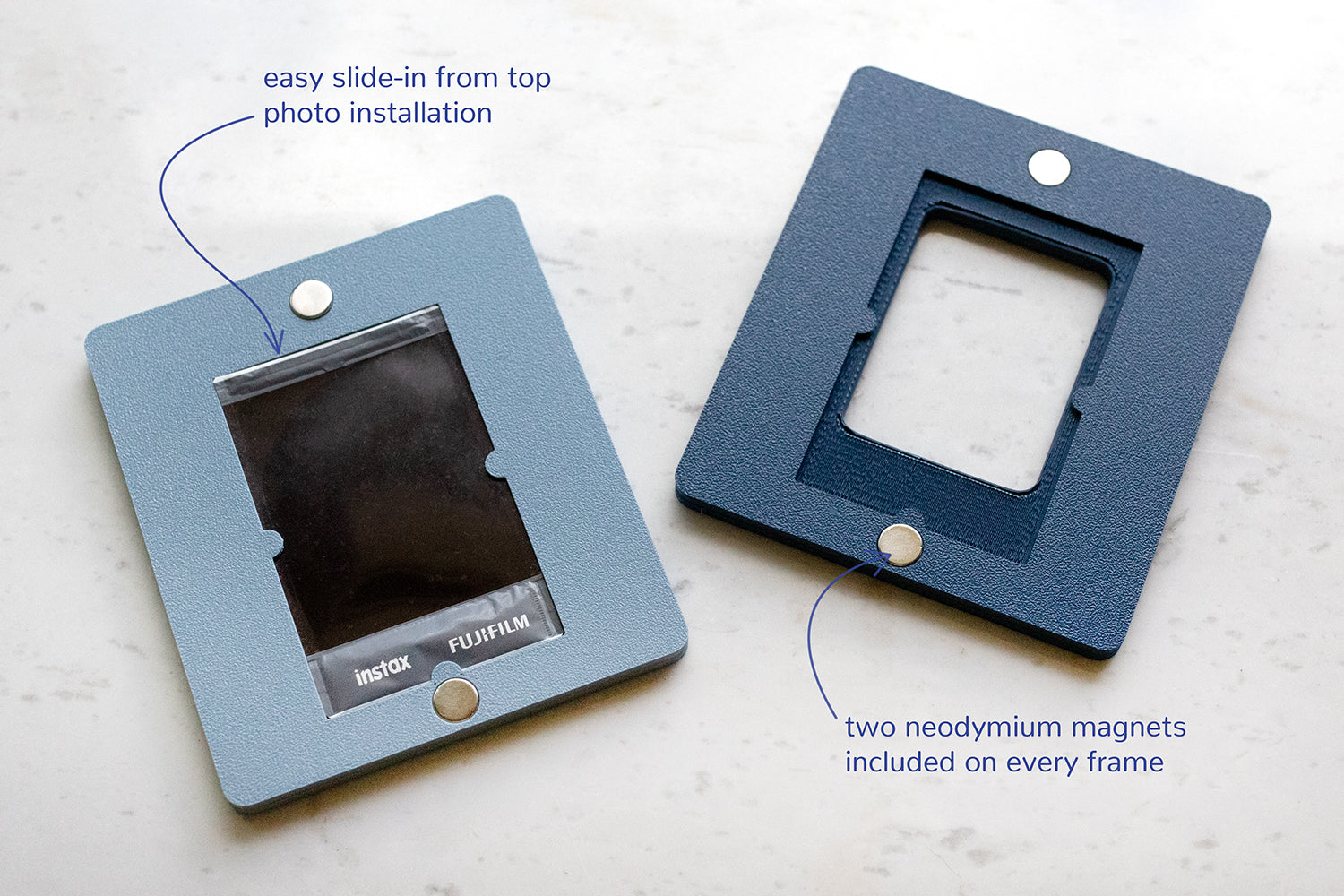 Back side of two Instax Mini frames. The left image shows that the photograph slides into the frame from the top. The right image shows that there are two large neodymium magnets included with each frame.
