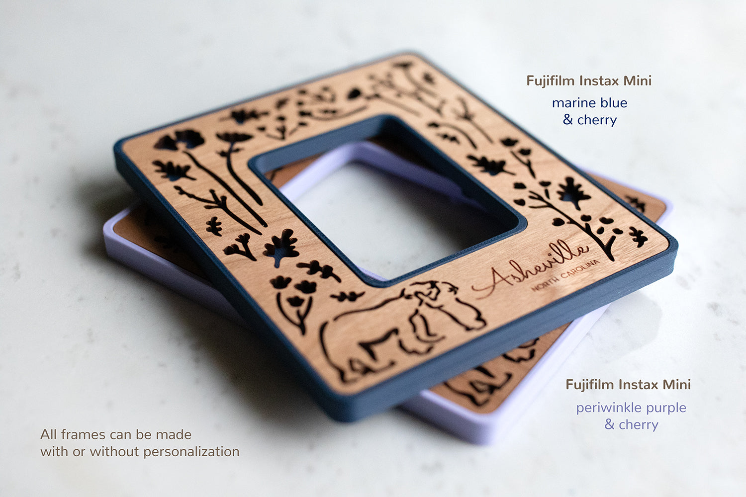 Two Instax Mini magnetic Polaroid photo frames stacked on top of each other. The bottom left corner of the image displays the words: "All frames can be made with or without personalization".