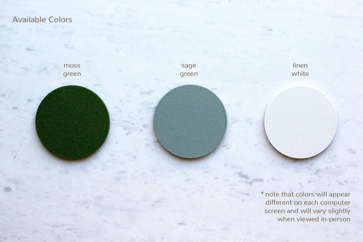 Color chart of 3 frame colors for the Irish wedding shamrock picture frame: moss green, sage green, and linen white.