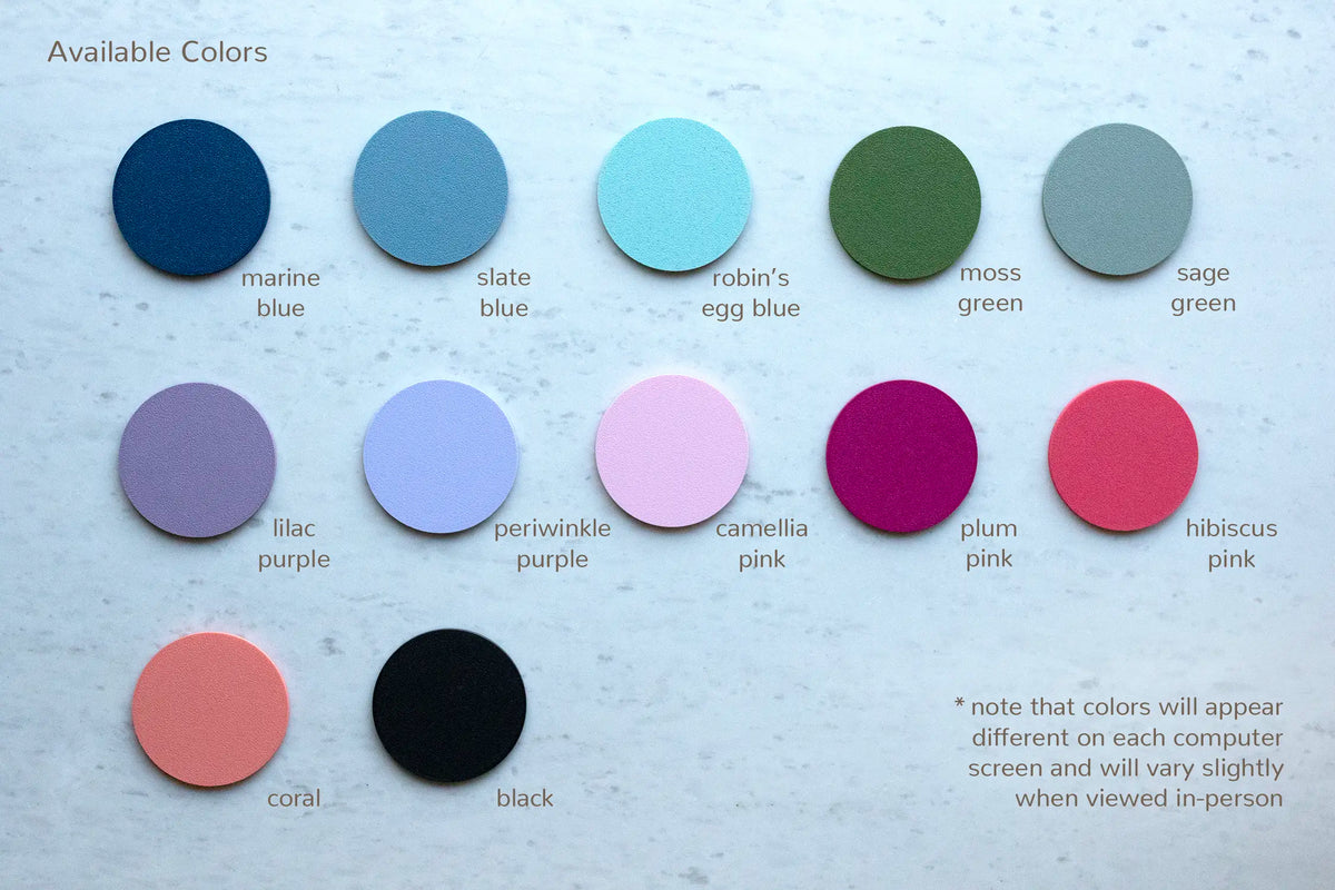 Color chart of 12 frame colors for the Lake George picture frame: marine blue, slate blue, robin’s egg blue, moss green, sage green, lilac purple, periwinkle purple, camellia pink, plum pink, hibiscus pink, coral, and black.