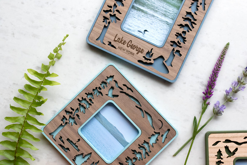 Lake George NY keepsake frames with laser cut wooden inlays