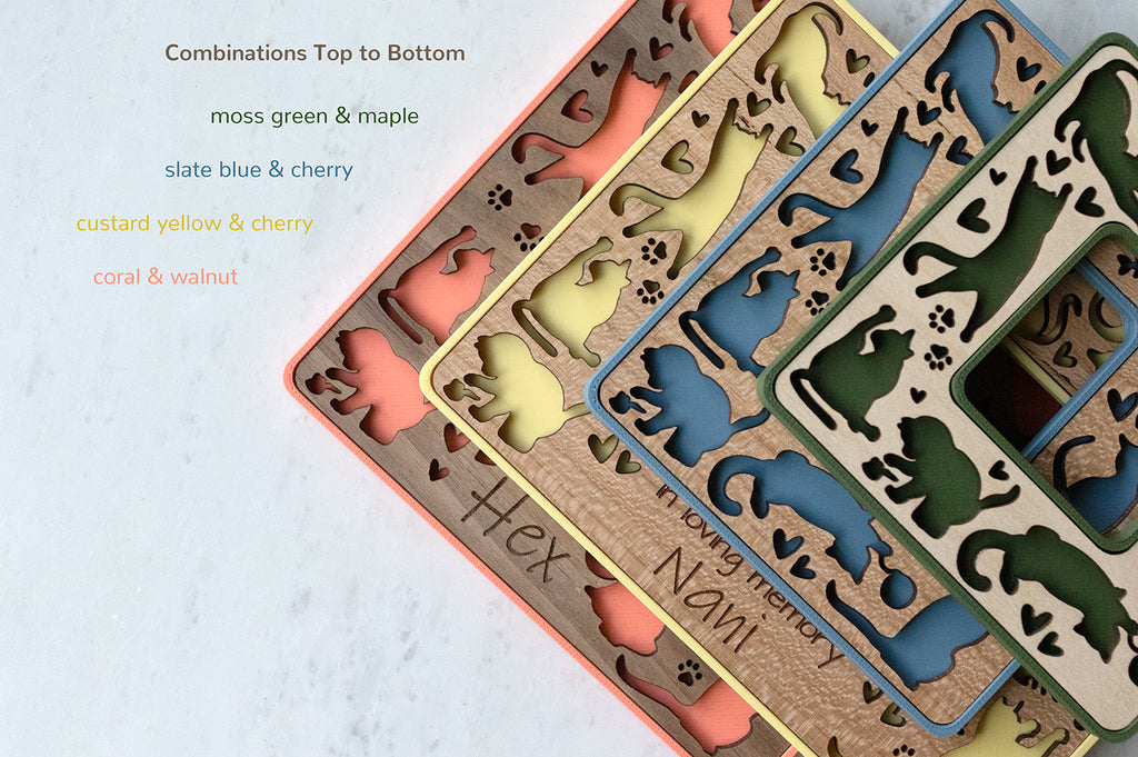 Whimsical magnetic cat frames for cat lover gifts. The frames are laser cut from real wood, including walnut, cherry, and maple. The housings are 3D printed using a plant-based material. Personalized engraving available at bottom of frames.