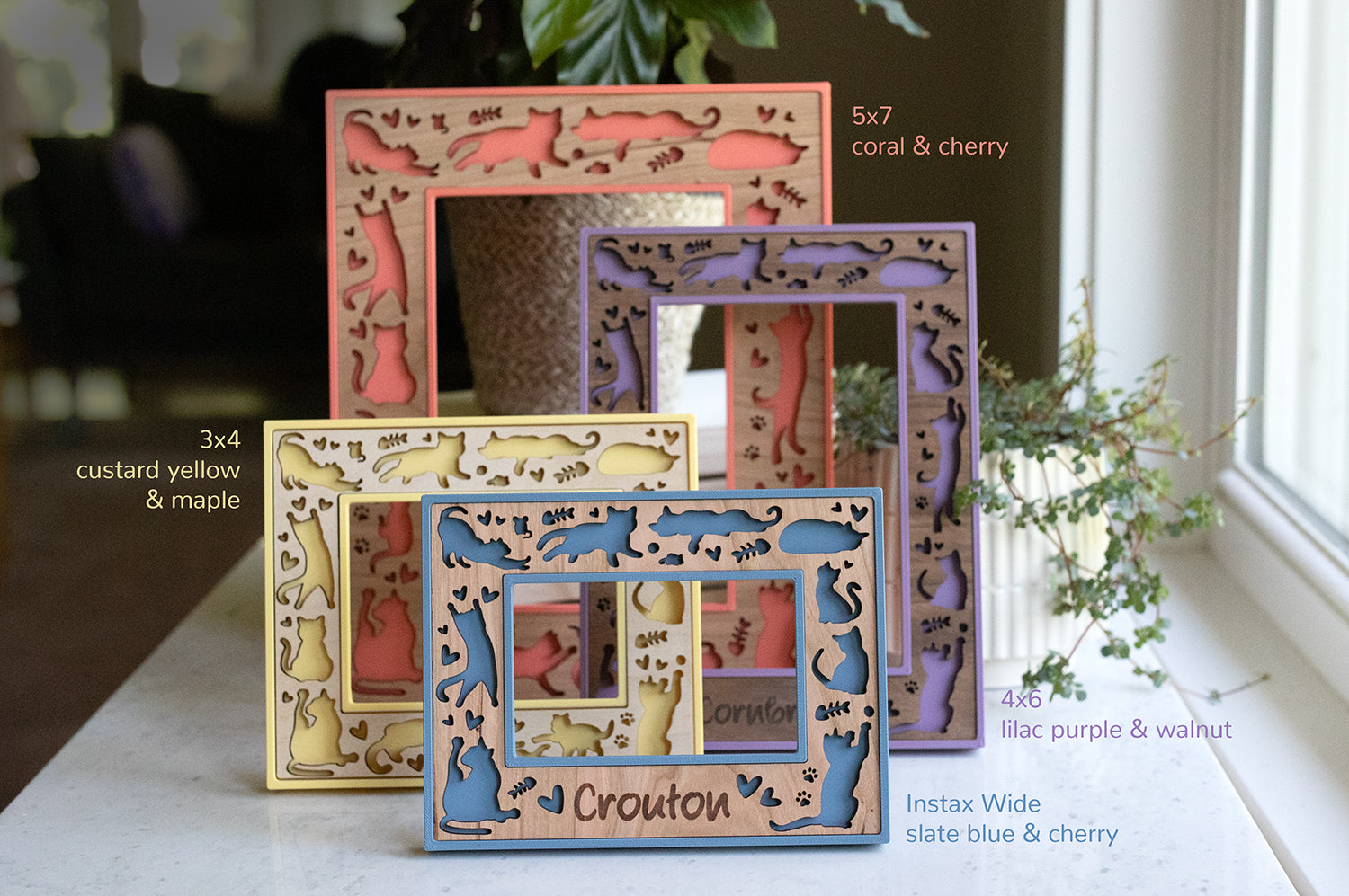 Custom cat picture frames with personalized names engraved on the frames. Cat frames come in sizes 5x7, 4x6, 3x4, and Fujifilm Instax Wide.