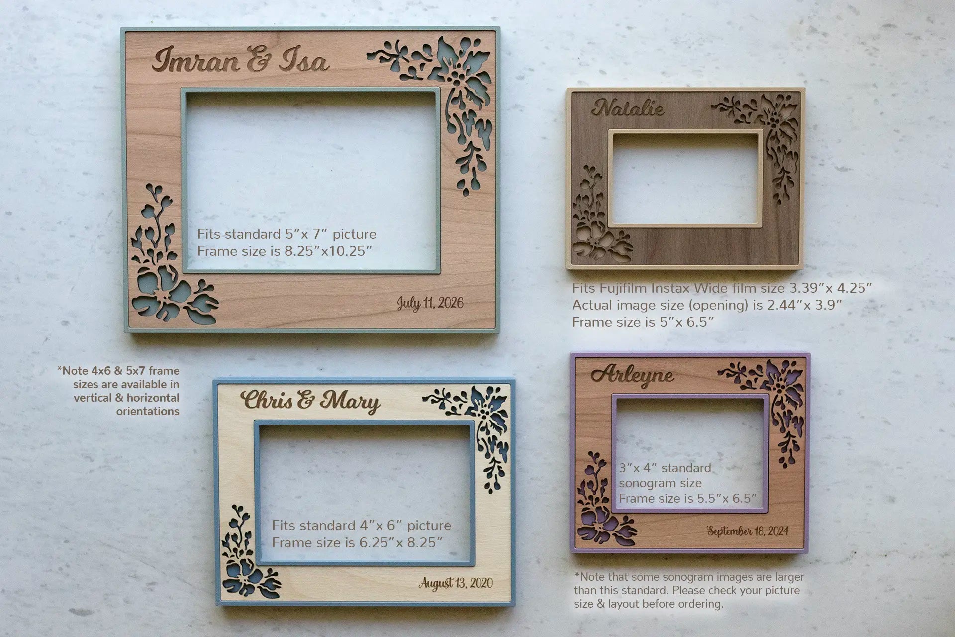 Four picture frame sizes in various colors and wood styles laid flat on a white counter. From top left to bottom right: a standard 5x7 inch frame, a standard 4x6 inch frame, a polaroid frame that fits Fujifilm Instax Wide film, and a 3x4 inch ultrasound frame.