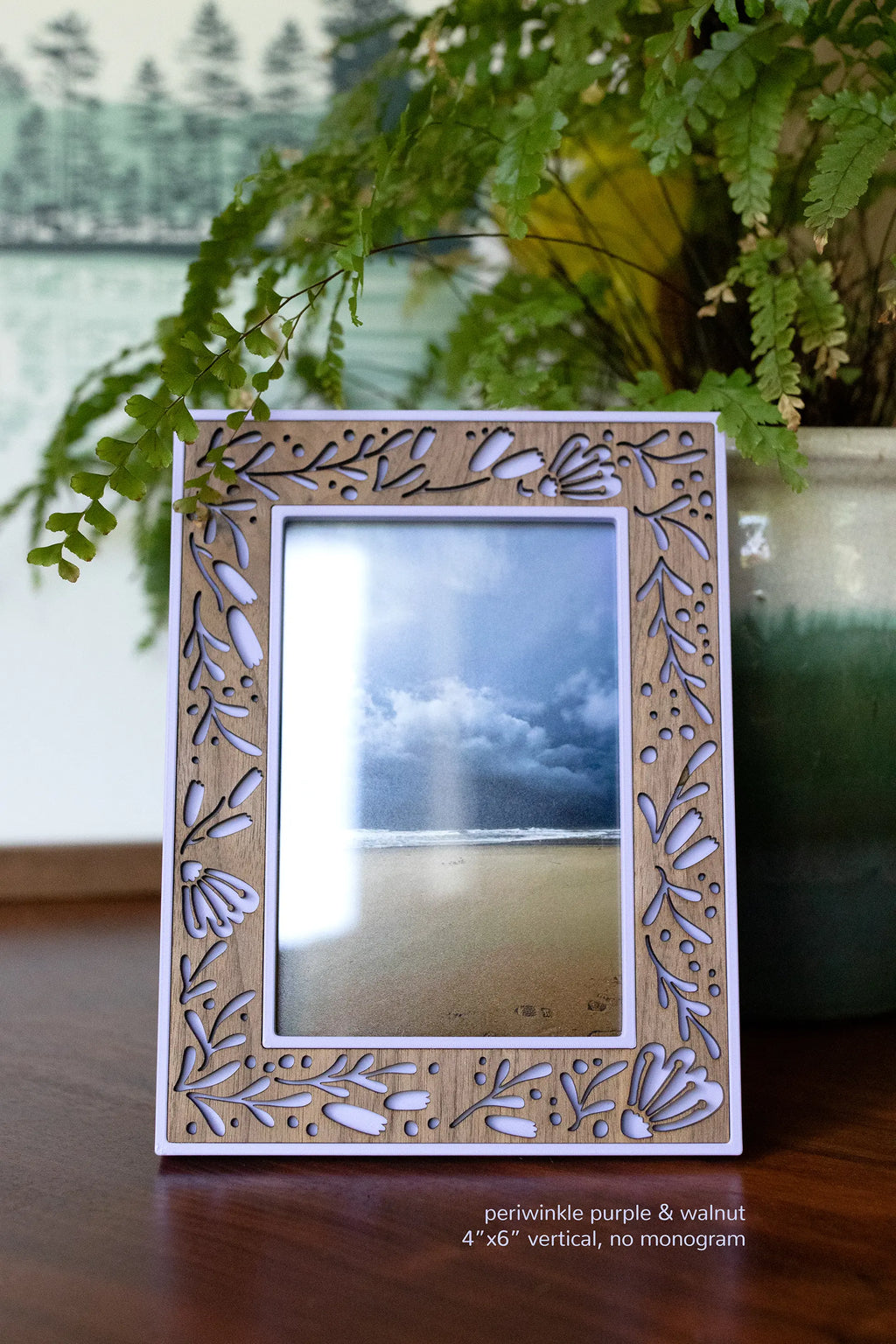 Laser cut floral picture frame with purple flowers in a walnut inlay. 4x6 flower picture frame for flower lovers.