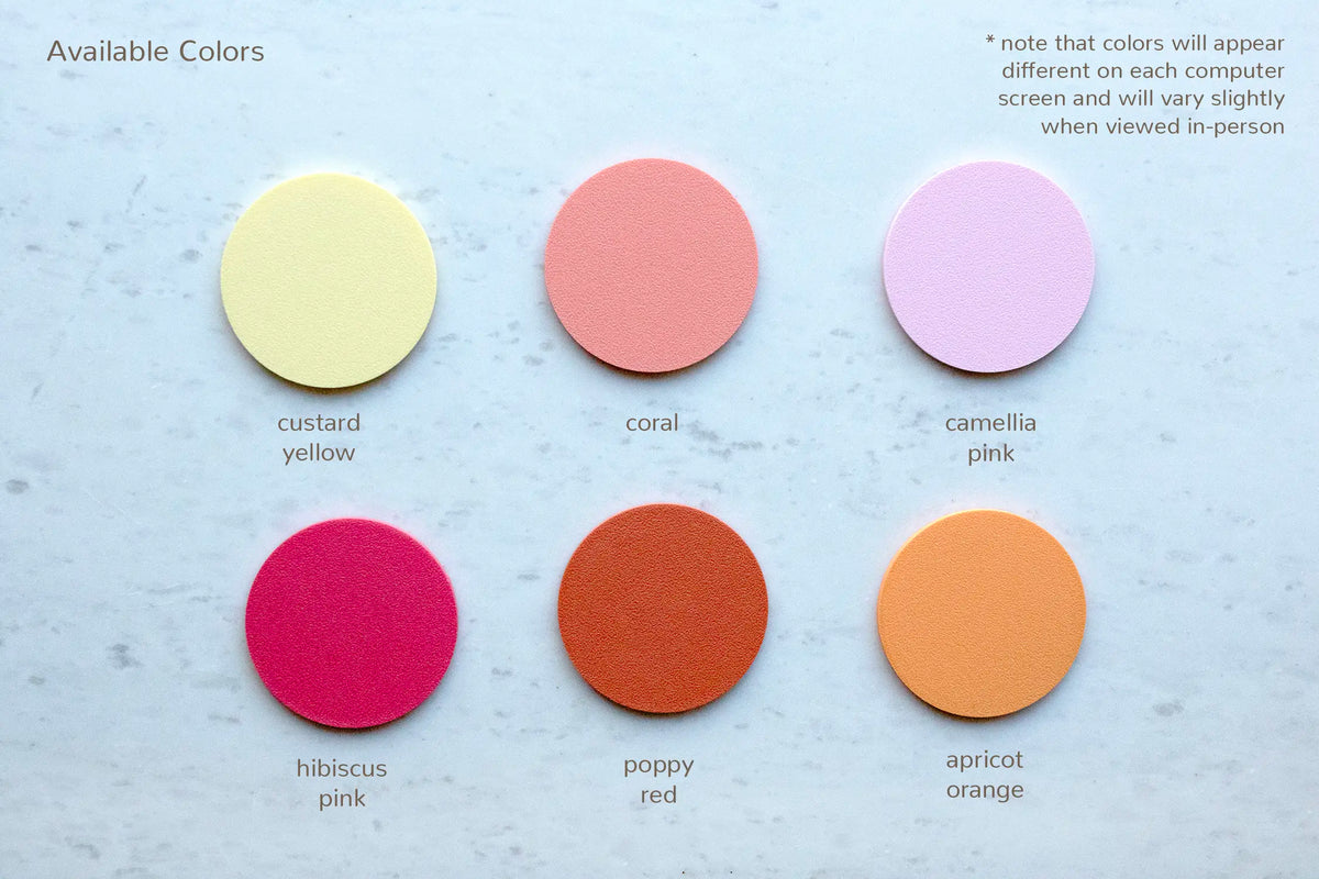Color chart of 6 frame colors for the lemon picture frame: custard yellow, coral, camellia pink, hibiscus pink, poppy red, and apricot orange.