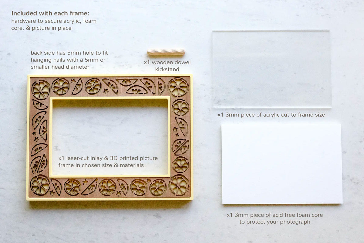 Lemon picture frame for summer decor, including high quality frame-grade acrylic and acid free foam core to protect your photographs. Turn-key hardware holds everything in place, and a wooden kickstand can be inserted for tabletop use.