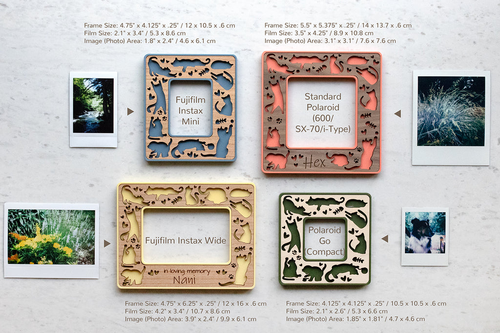Four cute and whimsical laser cut cat frames with magnets for the refrigerator. The mini cat frames are shown in blue, coral pink, moss green, and yellow. The wooden inlays are available in maple, walnut, and cherry wood. The dimensions for each frame are shown in the image. Frame sizes include Instax Mini, Instax Wide, Polaroid Go, and Polaroid Standard/iType/SX-70/600.