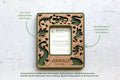 Appalachian amphibians magnetic frame featuring hellbender, salamanders, and frogs — dark green laser-cut wood with cherry inlay, species names engraved.