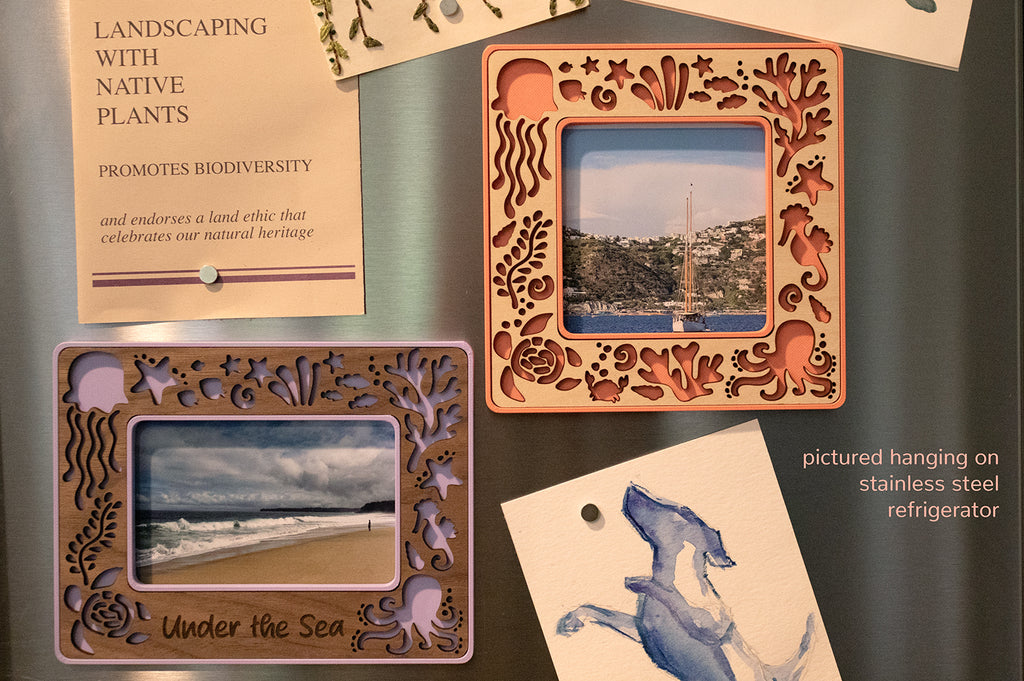 Two ocean creatures refrigerator frames with magnets. The frames are purple with walnut and coral with maple. The image reads "pictures hanging on stainless steel refrigerator." Frame types are standard polaroid frame and Instax wide frame.