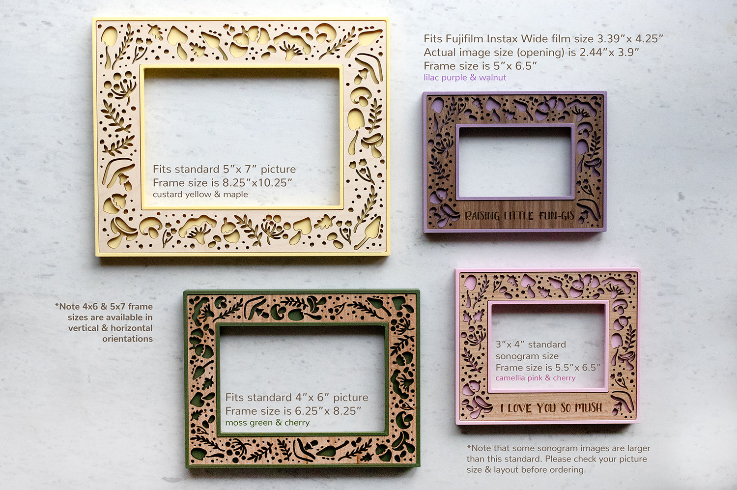 Four custom laser cut mushroom picture frames in green, yellow, purple, and pink with various wooden inlays. The frames feature intricate laser cut designs with mushrooms and acorns. Image shows various frame sizes, including dimensions. 5x7 picture frame, 4x6 picture frame, 3x4 ultrasound picture frame, and Fujifilm Instax Wide picture frame.