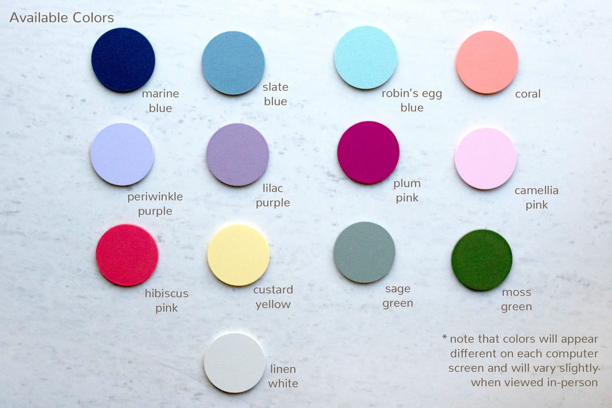 Color chart of 13 frame colors for the ocean creatures picture frame: marine blue, slate blue, robin’s egg blue, coral, periwinkle purple, lilac purple, plum pink, camellia pink, hibiscus pink, custard yellow, sage green, moss green, and linen white.