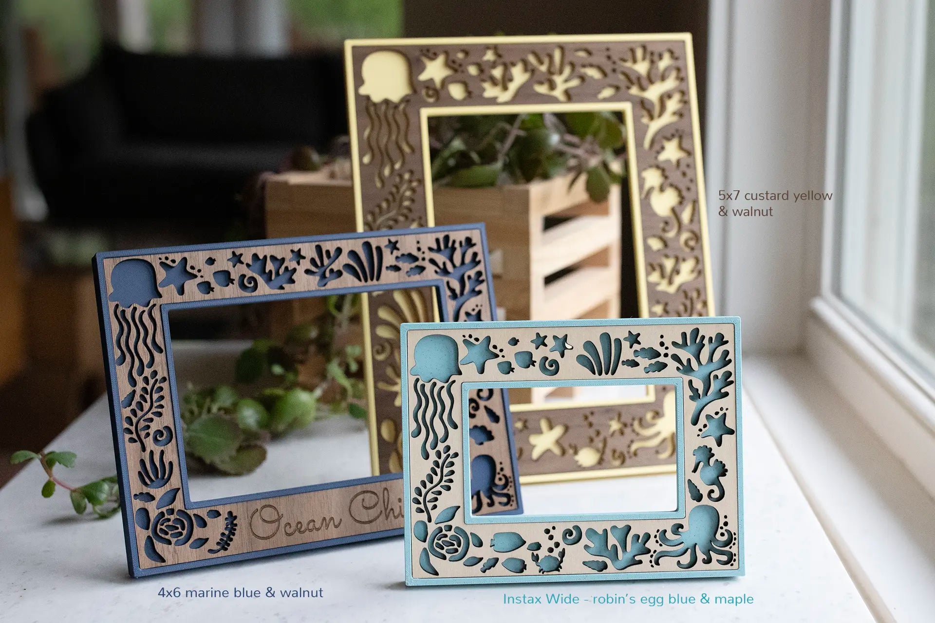 Three hand crafted sea creature picture frames in different sizes. In back is a 5"x7" portrait oriented yellow and walnut frame. In the middle is a landscape navy and walnut frame. In the front is a light blue and maple wood frame.