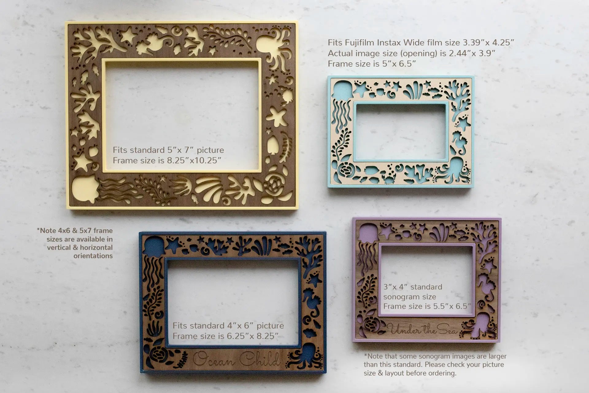 Four beach themed picture frames shown lying flat on a white counter. Frame sizes include 5x7 frame, 4x6 frame, sonogram 3x4, and Fujifilm Instax Wide polaroid frame. Picture frames are shown in dark blue, light blue, purple, and yellow.