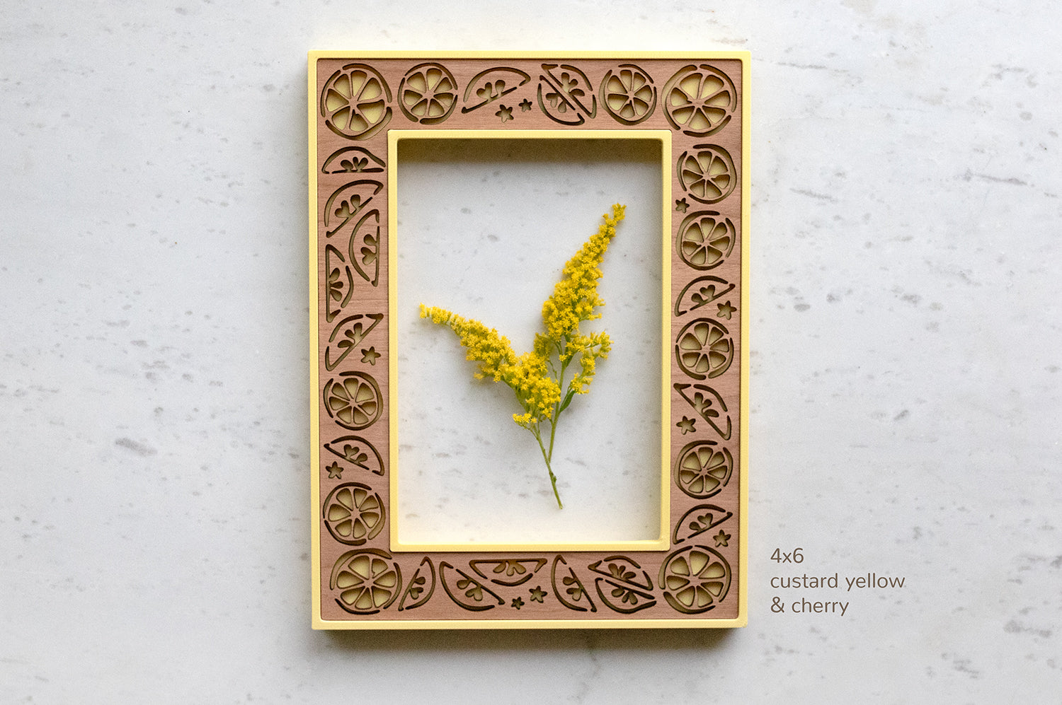 A 4x6 picture frame with a unique laser cut lemon fruit design. The frame is lying flat on a white, marble surface and is framing a bright yellow goldenrod flower.