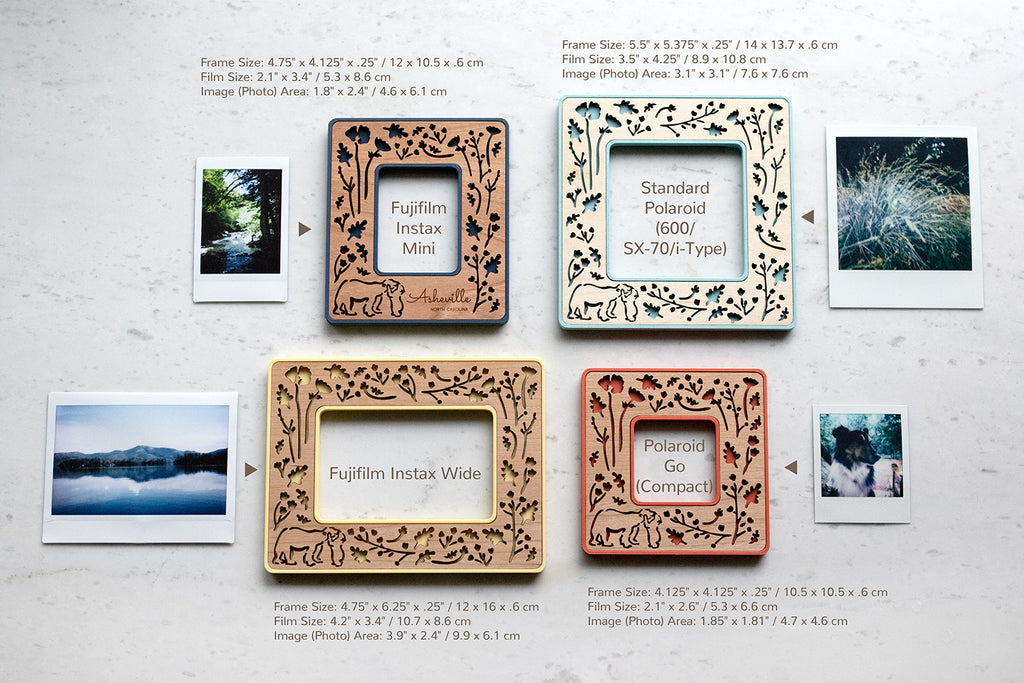 Four Polaroid photo frames lying on a white marble surface next to four differently sized photographs. The four available sizes include: Fujifilm Instax mini frame, Fujifilm Instax wide frame, Polaroid Go frame, and Standard Polaroid frame for 600 / SX-70 / i-Type Polaroid cameras. The image shows frame and photograph dimensions.