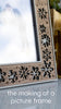 A BellaForm Creative snowflake picture frame is made from start to finish: a laser cuts and engraves a snowflake border and the year 2026 into a wood panel, the frame is popped free and cleaned of small cut pieces, then hand-sanded and finished with a lacquer spray that darkens the wood. The wood frame is glued as an inlay into a 3D-printed housing, fitted with acrylic and foamcore, and assembled with hardware and a kickstand. The finished frame is shown standing upright, then gift wrapped in kraft paper.