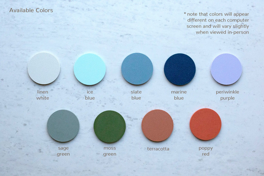 Color chart of 9 frame colors for the snowman picture frame and snowman magnetic frame: linen white, ice blue, slate blue, marine blue, periwinkle purple, sage green, moss green, terracotta, and poppy red.