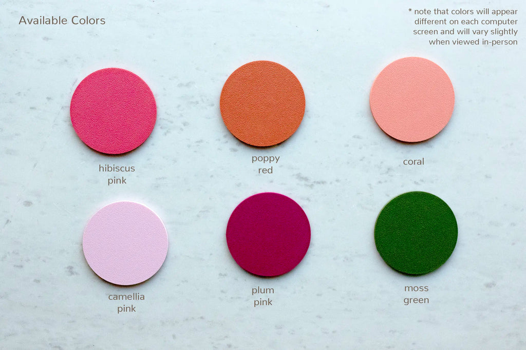 Color chart of 6 frame colors for the strawberry picture frame: hibiscus pink, poppy red, coral, camellia pink, plum pink, and moss green.