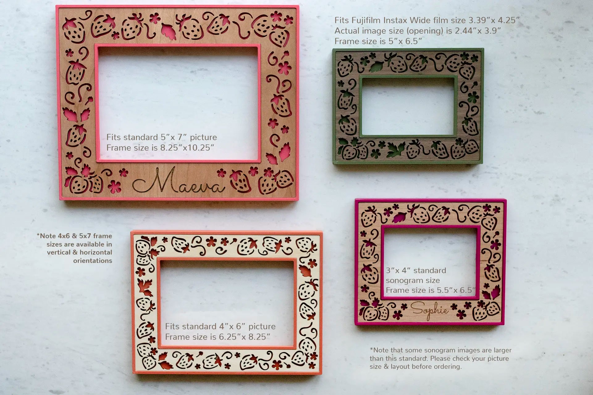 Handmade strawberry picture frames available in four sizes, including dimensions. Frame sizes include standard 5"x7" and 4"x6" photo frames as well as special 3"x4" standard ultrasound frame and Fujifilm Instax Wide Polaroid frame sizes. Sizes apply to all frame designs available at BellaForm Creative.