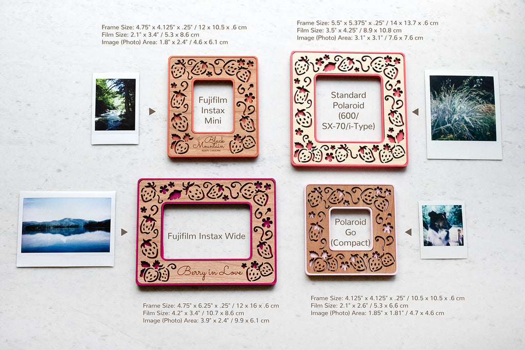 Four Polaroid photo frames lying on a white marble surface next to four differently sized photographs. The four available sizes include: Fujifilm Instax mini frame, Fujifilm Instax wide frame, Polaroid Go frame, and Standard Polaroid frame for 600 / SX-70 / i-Type Polaroid cameras. The image shows frame and photograph dimensions.