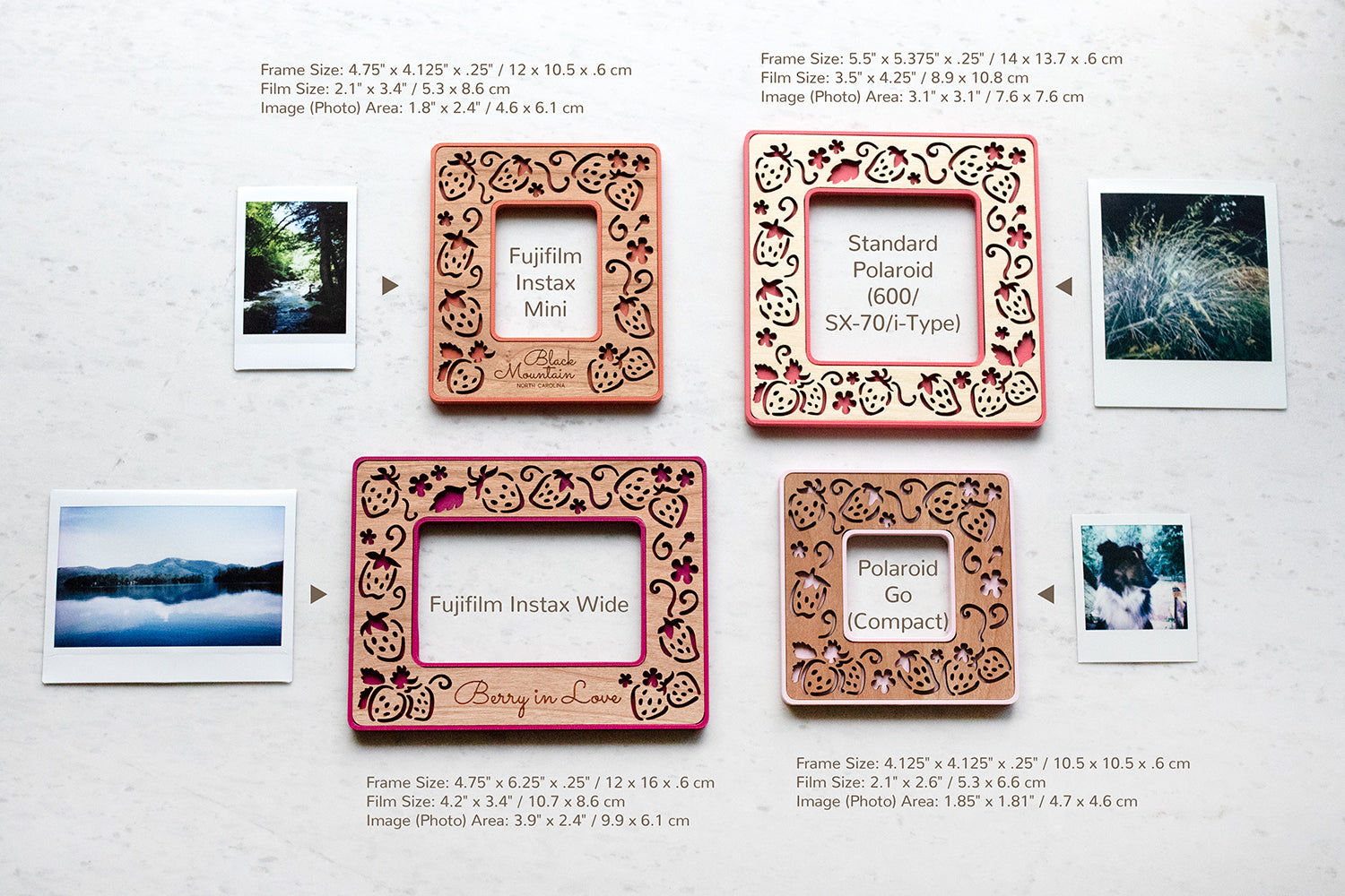 Four Polaroid photo frames lying on a white marble surface next to four differently sized photographs. The four available sizes include: Fujifilm Instax mini frame, Fujifilm Instax wide frame, Polaroid Go frame, and Standard Polaroid frame for 600 / SX-70 / i-Type Polaroid cameras. The image shows frame and photograph dimensions.