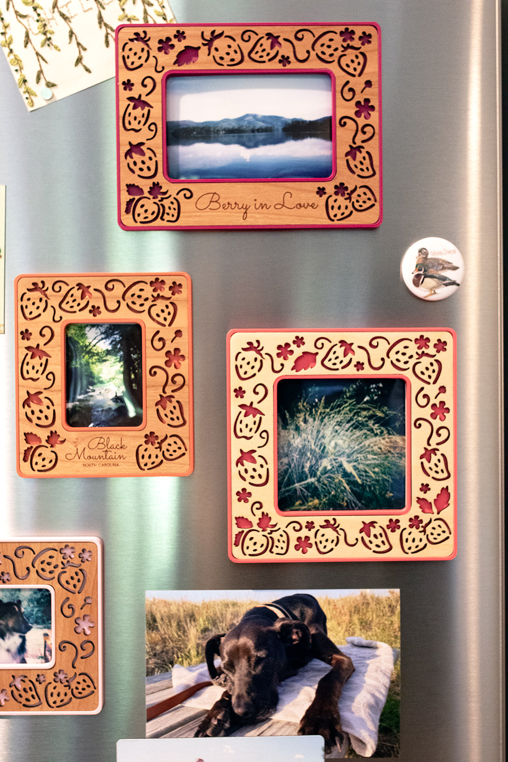 An assortment of four whimsical, laser cut strawberry Polaroid photo frames in various sizes, colors, and wood types. The magnetic frames are mounted to the front of a refrigerator and displaying a Polaroid photo, a Fujifilm Instax Mini photo, an Instax Wide photo, and a Polaroid Go photo.