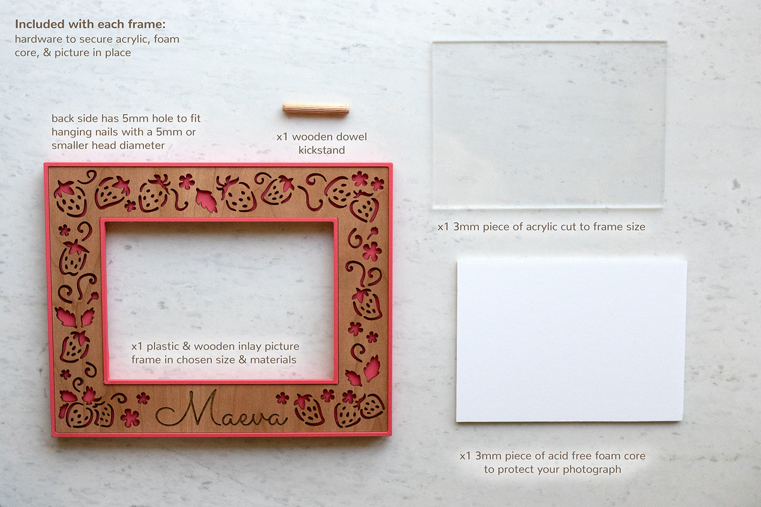 A deconstructed frame showing all included parts: a custom wooden and plastic frame, high quality framing grade acrylic, acid free foam core for preserving photographs, and a wooden dowel and hardware for mounting.
