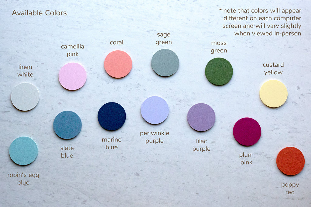 Color chart of 14 available frame colors for the wedding flower picture frame: linen white, camellia pink, coral, sage green, moss green, custard yellow, robin’s egg blue, slate blue, marine blue, periwinkle purple, lilac purple, plum pink, and poppy red.