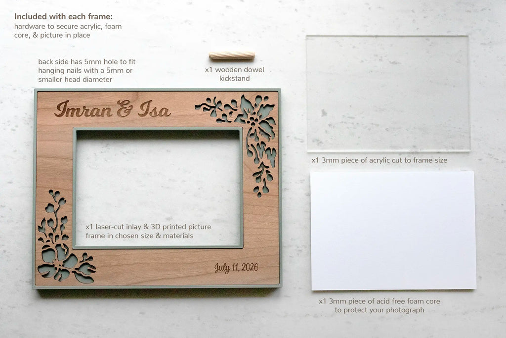 Wedding picture frame with laser cut flowers. Each frame includes 1 piece of 3mm acrylic and acid free foam core cut to size to protect your photo. A wooden dowel kickstand is included for tabletop use. Turn-pin hardware holds everything in place for a long-lasting, durable keepsake frame.